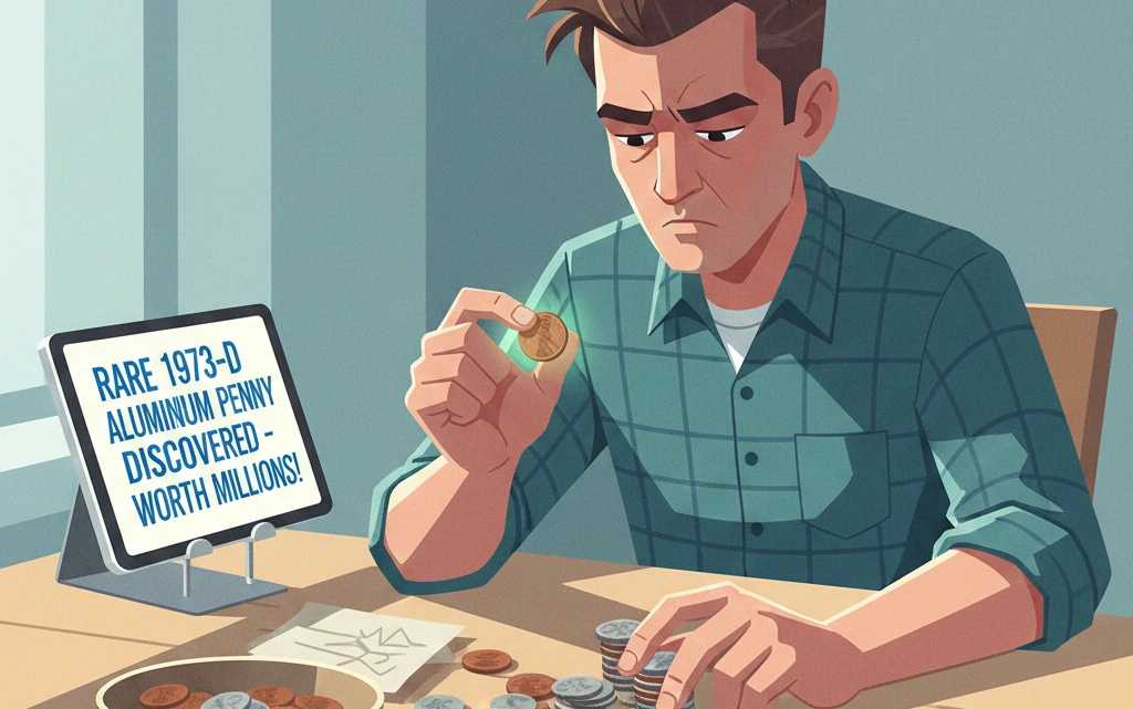 A casual man sorting loose change at a kitchen table, unknowingly holding a rare 1973-D penny