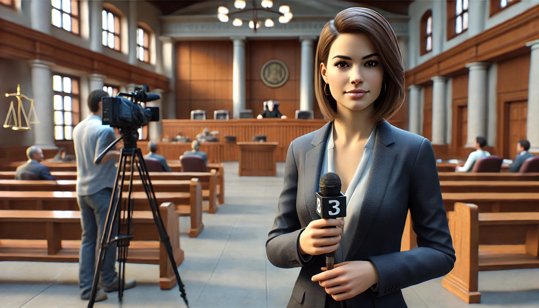 a female journalist standing inside a courtroom, live reporting on a legal proceeding. She is holding a microphone and looking confidently into the camera, with the courtroom background visible behind her, including wooden benches, a judge's bench, and legal documents.