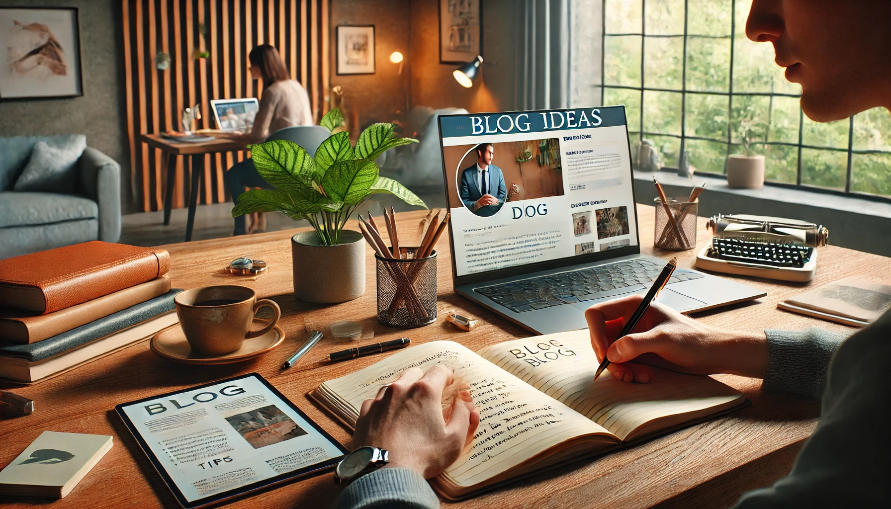 a person brainstorming blog ideas while writing in a notebook.