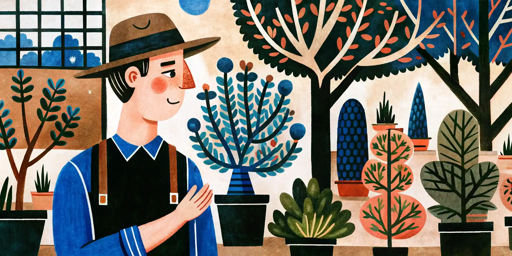 a gardener in his garden looks at a tree