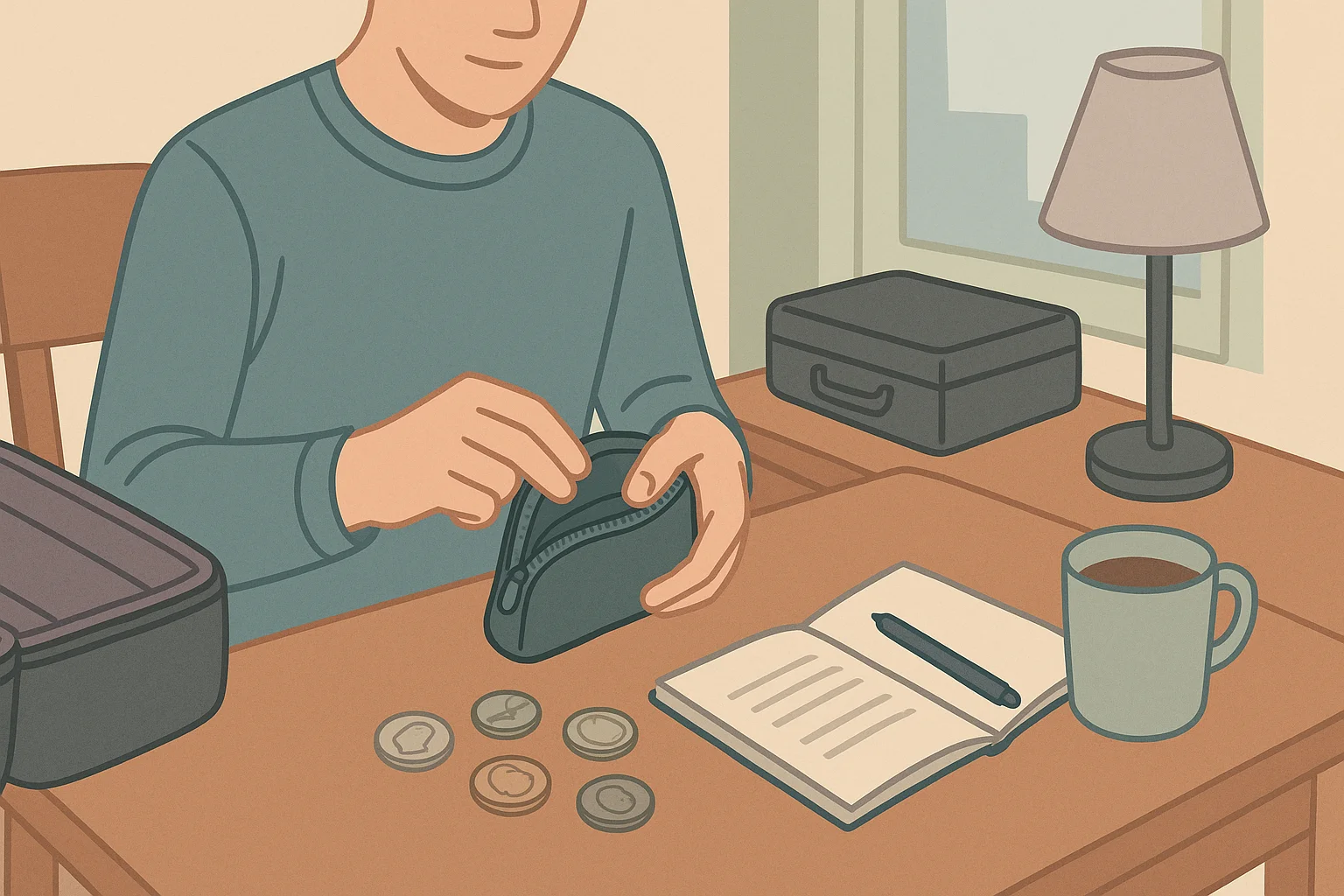 A traveler arranges coins in order while sitting behind the desk.