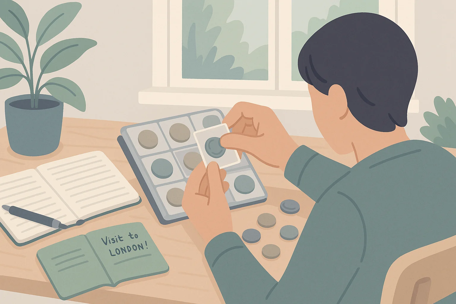 A traveler arranges the collection of coins from different countries.