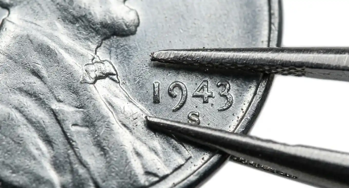  Macro image of a 1943 steel wheat cent held with tweezers