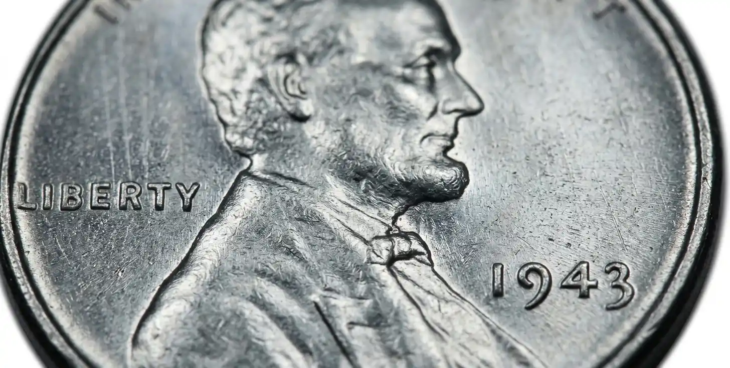 Extreme close-up of a 1943 steel wheat penny without mint mark